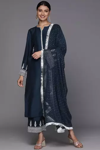 Embroidered Notch Neck Straight Kurta & Trousers With Dupatta