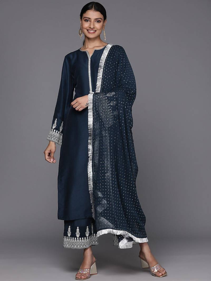 Embroidered Notch Neck Straight Kurta & Trousers With Dupatta