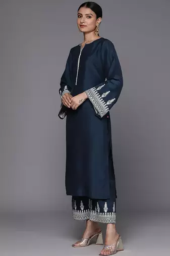 Embroidered Notch Neck Straight Kurta & Trousers With Dupatta
