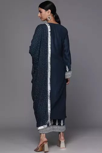 Embroidered Notch Neck Straight Kurta & Trousers With Dupatta