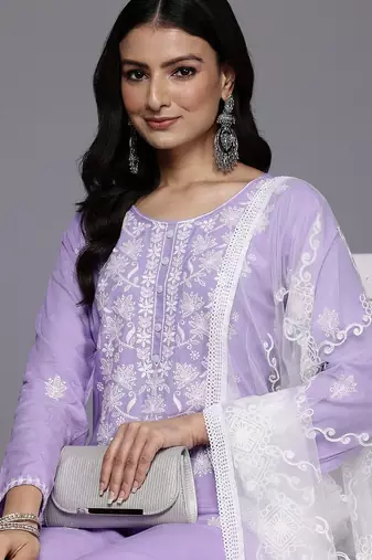 Floral Embroidered Thread Work Kurta With Trousers & Dupatta