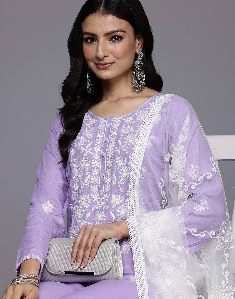 Floral Embroidered Thread Work Kurta With Trousers & Dupatta