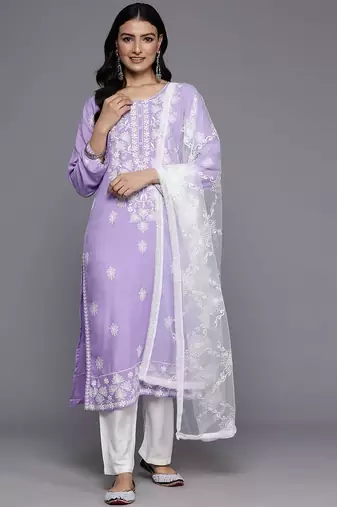 Floral Embroidered Thread Work Kurta With Trousers & Dupatta