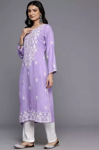 Floral Embroidered Thread Work Kurta With Trousers & Dupatta
