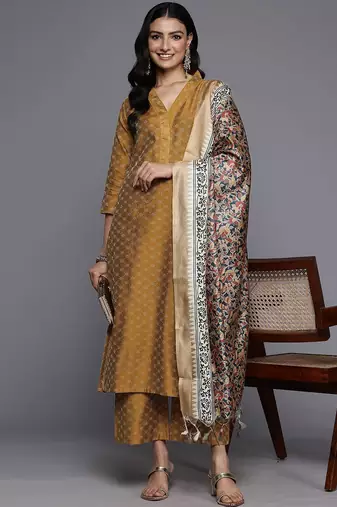 Woven Design Kurta With Palazzos & Dupatta