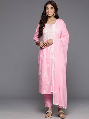 Embroidered Thread Work Pure Cotton A-Line Kurta With Trousers & Dupatta 1