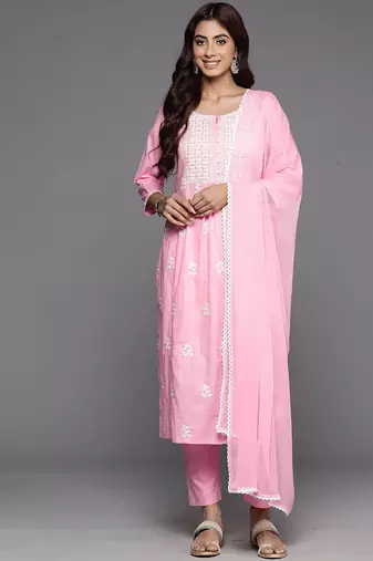 Embroidered Thread Work Pure Cotton A-Line Kurta With Trousers & Dupatta