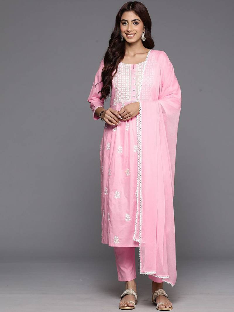Embroidered Thread Work Pure Cotton A-Line Kurta With Trousers & Dupatta