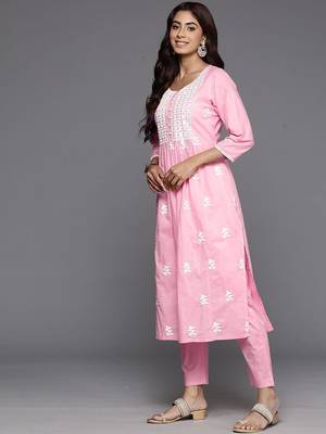 Embroidered Thread Work Pure Cotton A-Line Kurta With Trousers & Dupatta 5