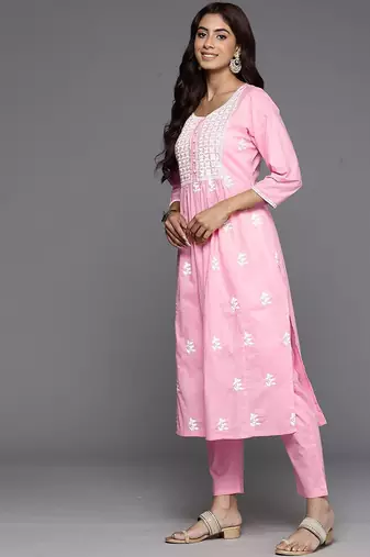 Embroidered Thread Work Pure Cotton A-Line Kurta With Trousers & Dupatta