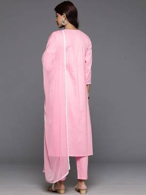 Embroidered Thread Work Pure Cotton A-Line Kurta With Trousers & Dupatta 6