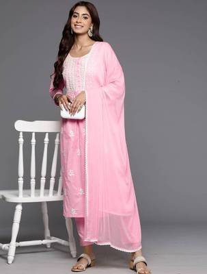 Embroidered Thread Work Pure Cotton A-Line Kurta With Trousers & Dupatta 7