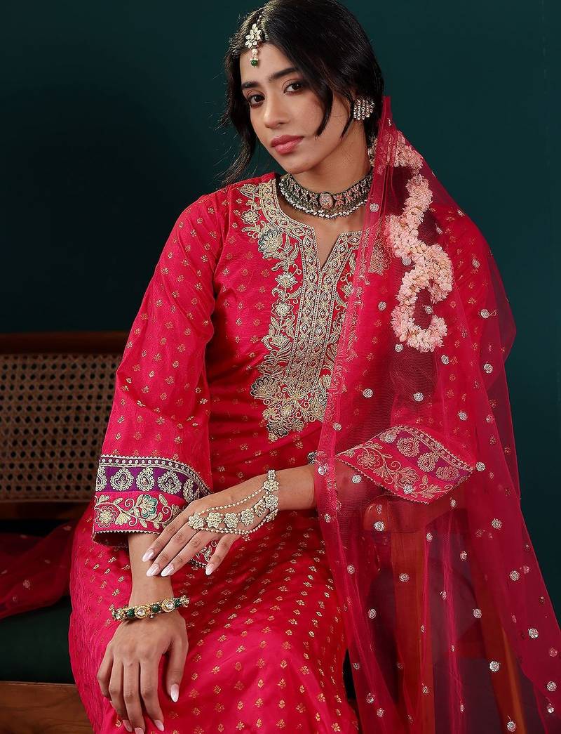 Women Embroidered Regular Kurta with Trousers & With Dupatta