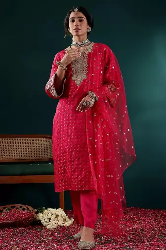 Women Embroidered Regular Kurta with Trousers & With Dupatta
