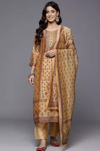Women Floral Printed Regular Chanderi Silk Kurta With Trousers & Dupatta