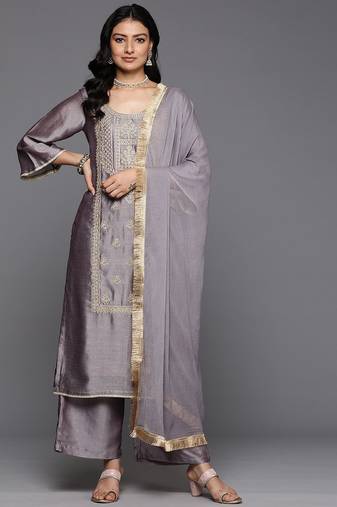 Ethnic Motifs Embroidered Zari Kurta With Palazzos & Dupatta