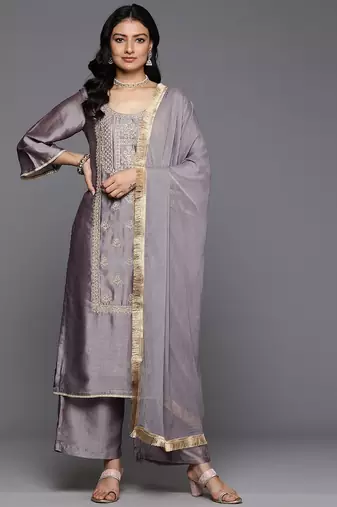 Ethnic Motifs Embroidered Zari Kurta With Palazzos & Dupatta