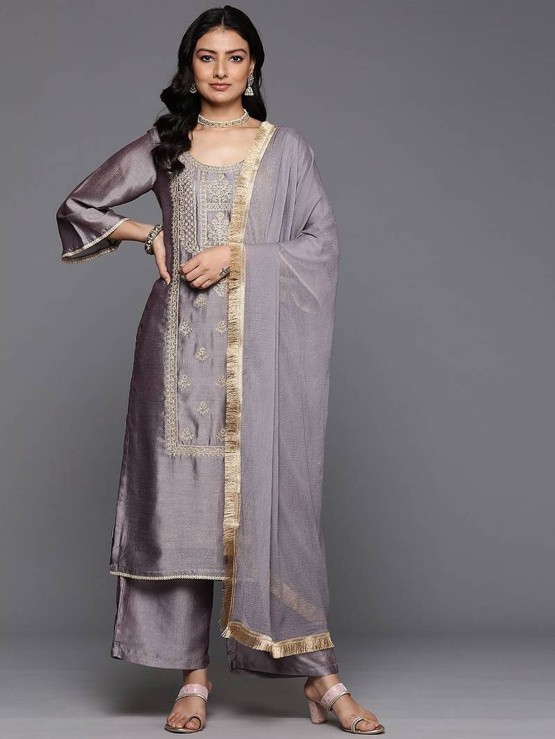 Ethnic Motifs Embroidered Zari Kurta With Palazzos & Dupatta