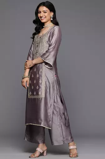Ethnic Motifs Embroidered Zari Kurta With Palazzos & Dupatta
