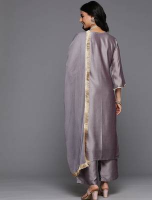 Ethnic Motifs Embroidered Zari Kurta With Palazzos & Dupatta 6