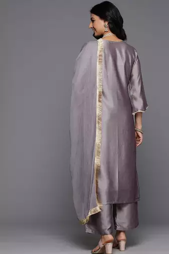 Ethnic Motifs Embroidered Zari Kurta With Palazzos & Dupatta