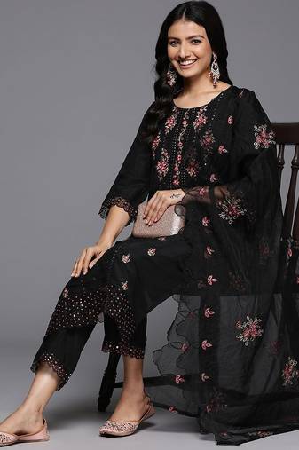 Women Floral Embroidered Regular Mirror Work Kurta with Trousers & With Dupatta