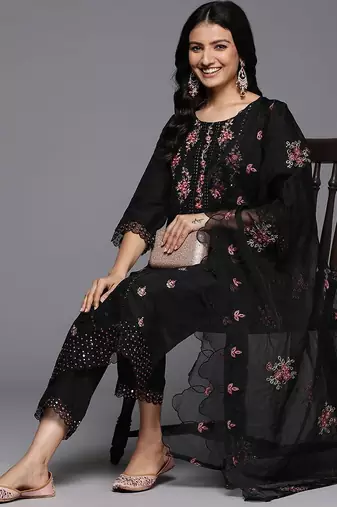 Women Floral Embroidered Regular Mirror Work Kurta with Trousers & With Dupatta