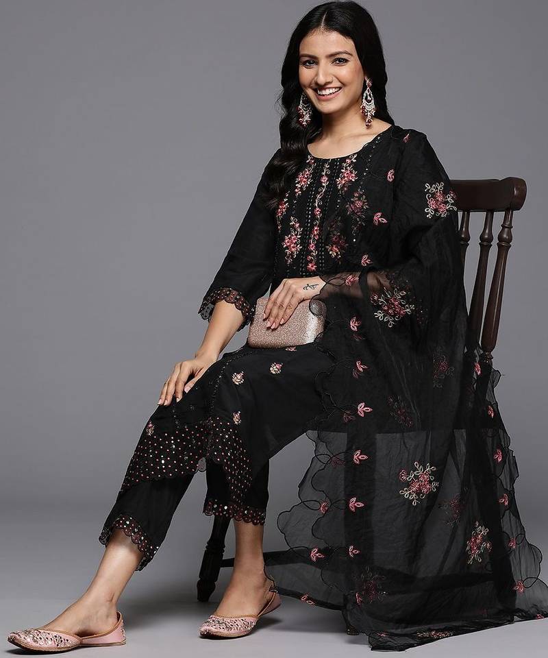 Women Floral Embroidered Regular Mirror Work Kurta with Trousers & With Dupatta
