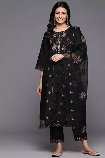 Women Floral Embroidered Regular Mirror Work Kurta with Trousers & With Dupatta