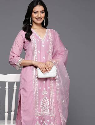 Women Floral Embroidered Thread Work Cotton Kurta with Trousers & With Dupatta 2