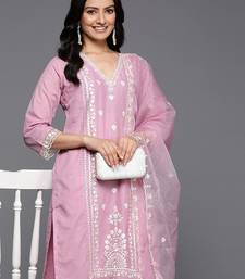 Women Floral Embroidered Thread Work Cotton Kurta with Trousers & With Dupatta