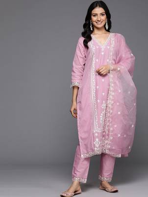 Women Floral Embroidered Thread Work Cotton Kurta with Trousers & With Dupatta 1