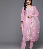 Women Floral Embroidered Thread Work Cotton Kurta with Trousers & With Dupatta
