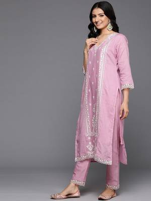 Women Floral Embroidered Thread Work Cotton Kurta with Trousers & With Dupatta 5