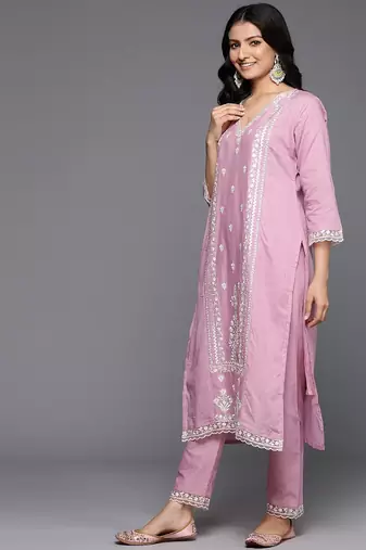 Women Floral Embroidered Thread Work Cotton Kurta with Trousers & With Dupatta