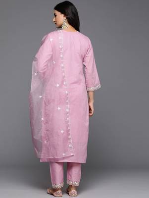 Women Floral Embroidered Thread Work Cotton Kurta with Trousers & With Dupatta 6