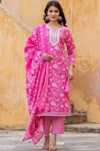 Floral Printed Regular Thread Work Kurta with Trouser & Dupatta