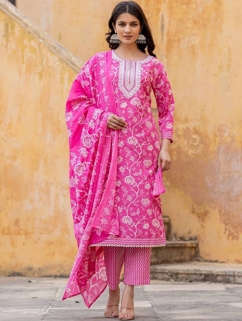 Floral Printed Regular Thread Work Kurta with Trouser & Dupatta