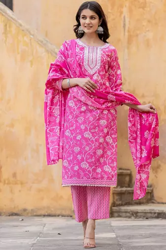 Floral Printed Regular Thread Work Kurta with Trouser & Dupatta