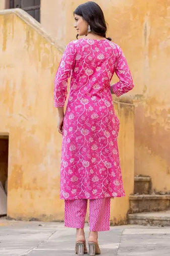 Floral Printed Regular Thread Work Kurta with Trouser & Dupatta