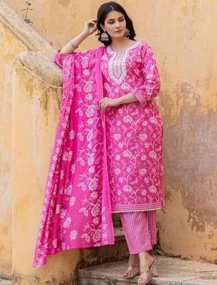 Floral Printed Regular Thread Work Kurta with Trouser & Dupatta 5
