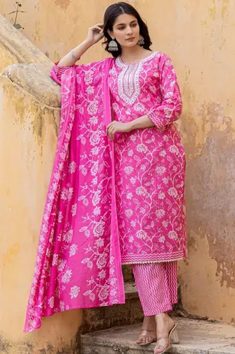 Floral Printed Regular Thread Work Kurta with Trouser & Dupatta