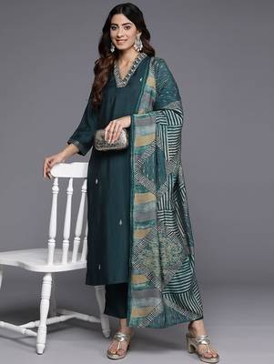 Women Ethnic Motifs Embroidered Regular Beads and Stones Kurta with Trousers & With Dupatta 8