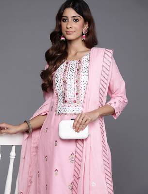 Floral Embroidered Thread Work Pure Cotton Kurta with Trousers & Dupatta 2