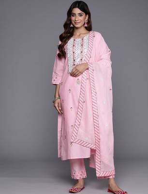 Floral Embroidered Thread Work Pure Cotton Kurta with Trousers & Dupatta 1