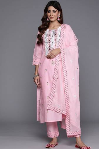 Floral Embroidered Thread Work Pure Cotton Kurta with Trousers & Dupatta