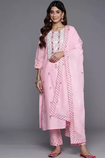 Floral Embroidered Thread Work Pure Cotton Kurta with Trousers & Dupatta
