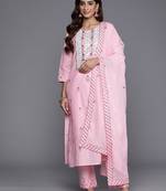 Floral Embroidered Thread Work Pure Cotton Kurta with Trousers & Dupatta