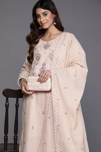 Floral Embroidered Mirror Work Pure Cotton Kurta with Trousers & Dupatta