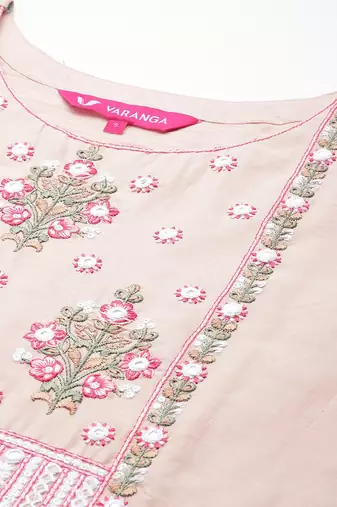 Floral Embroidered Mirror Work Pure Cotton Kurta with Trousers & Dupatta